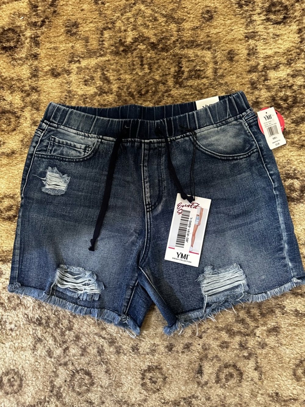 YMI Women's Dark Blue Distressed Denim Drawstring Shorts with Frayed Hem